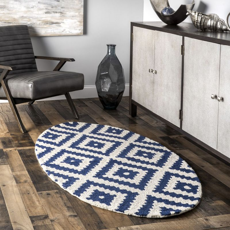 Nuloom Kellee Geometric Oval 3x5 Wool Accent Indoor Area Rug for Living Room Bedroom Dining Room Entryway Kitchen, Navy/White