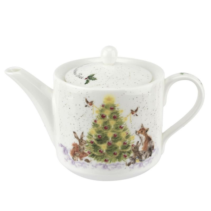 Spode Royal Worcester Oh Christmas Tree 16 Oz Teapot - Fine Bone China Tea Pot - Hand-Painted Woodland Critters, Dishwasher & Microwave Safe