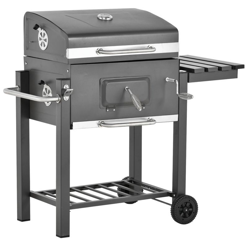 Outsunny Charcoal BBQ Grill, Outdoor Portable Cooker for Camping or Backyard Picnic with Side Table, Bottom Storage Shelf, Wheels and Handle, Gray