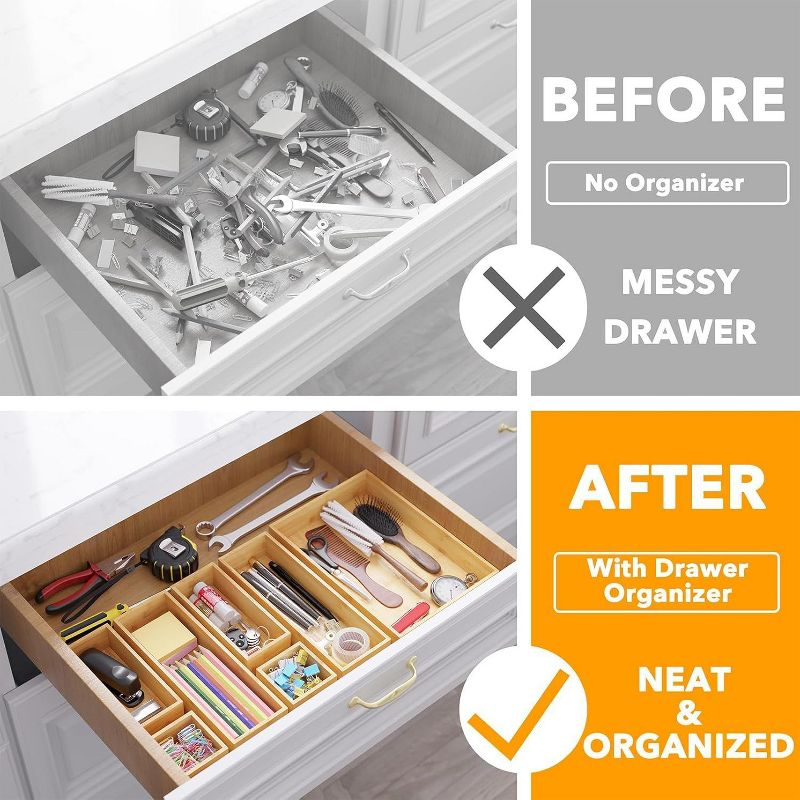 7-Piece Bamboo Drawer Organizer Set – Multi-Use Divider Bins for Kitchen, Bathroom, Office, and Makeup Storage, Natural