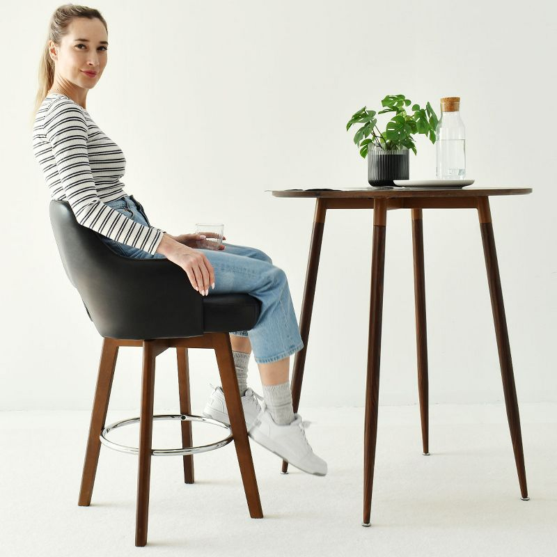26.5" Edward Armrest Black Faux Leather Thick Seat 360° Swivel Counter Height Barstool Combine with Rubberwood Legs and Silver Footrest-Maison Boucle