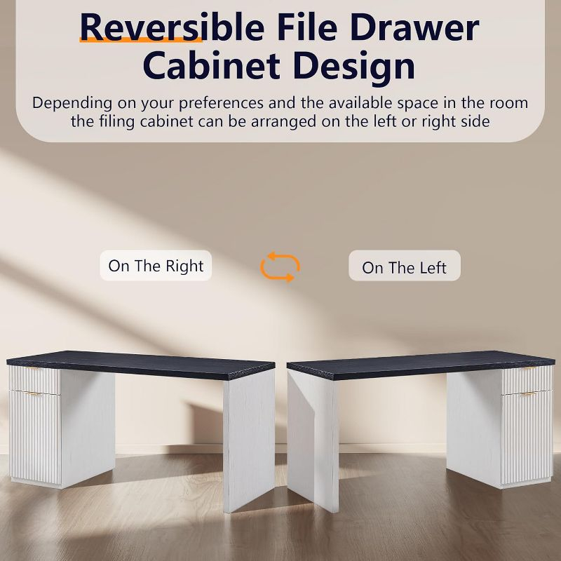 60" Modern Desk with Drawer & Cabinet, Fluted Computer Writing Desk for Living Room, Bedroom, White