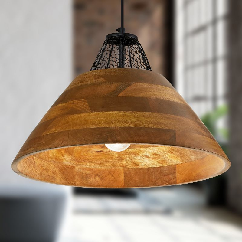 River of Goods 17.25" 1-Light Alainia Black Metal and Walnut-Stained Wood Pendant Light: Satin Finish, UL Listed, Adjustable Height