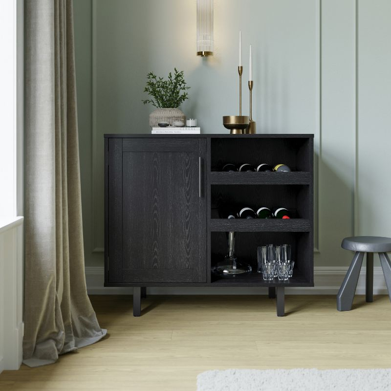 Flash Furniture Elmont Classic Bar and Sideboard with Shaker Style Single Door Cabinet with Hanging Glass Storage and Open Bottle Shelves, Black