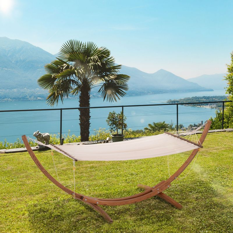 Outsunny Outdoor Hammock with Stand, Heavy Duty Wooden Frame, No Tree Needed, Indoor Outside Boho Style Nap Bed, Natural Cotton, White