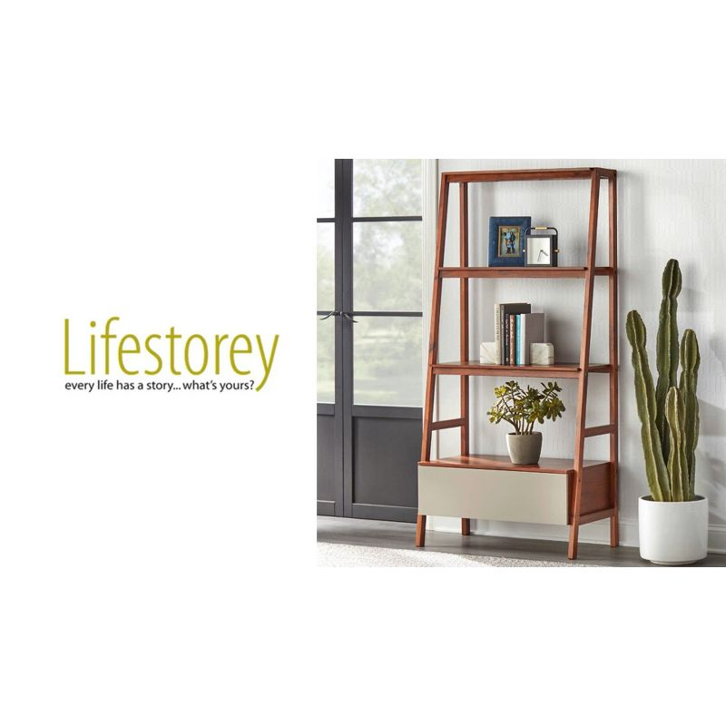71" Nordic Ladder Shelf Walnut - Lifestorey: Mid-Century Modern Bookcase with Drawer, Open Back Design