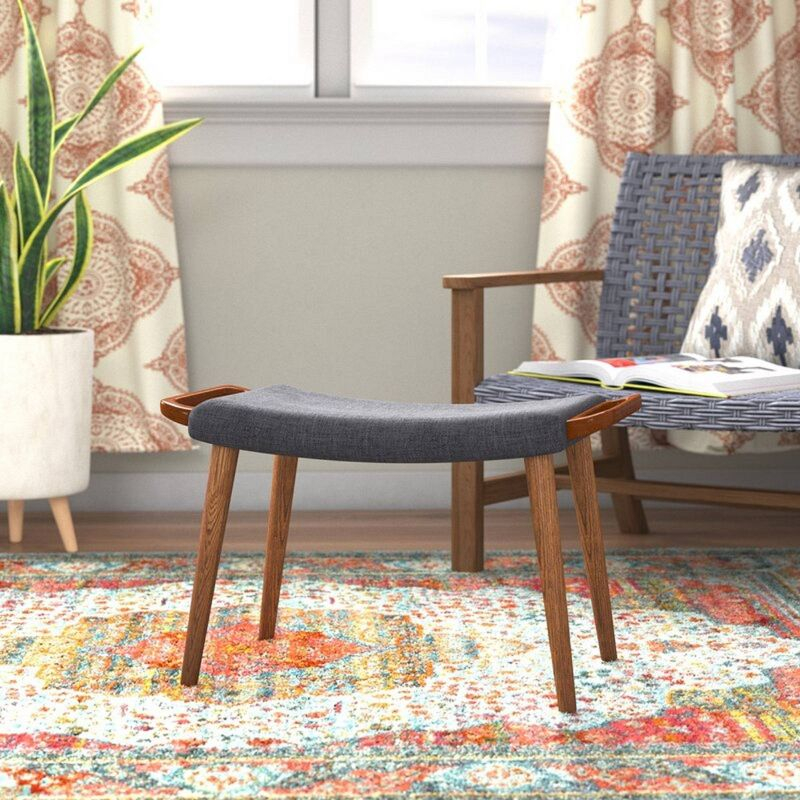 Manhattan Comfort Geta Ottoman Charcoal: Upholstered Linen Footstool, Ash Wood Legs, No Assembly Required