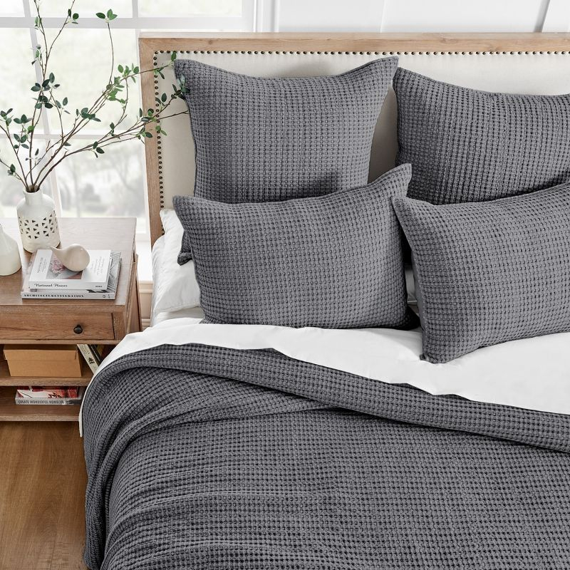 Mills Waffle Charcoal Quilt Set - One King Quilt and Two King Shams - Levtex Home