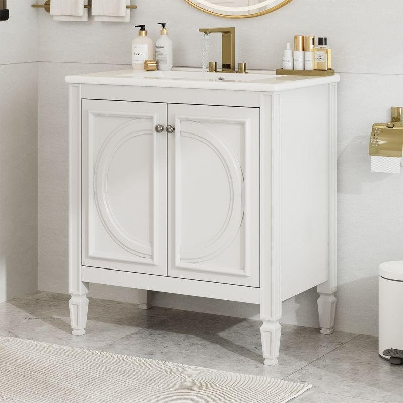 Christopher Knight Home Alison 30" Modern Rubberwood Bathroom Vanity with Ceramic Sink, Shelves and Drawer, White