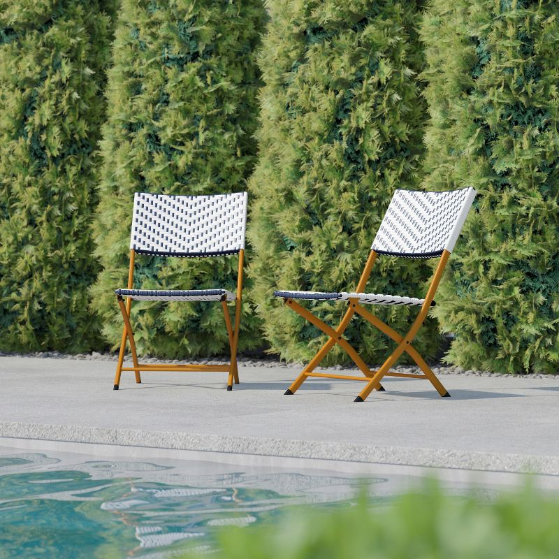 Flash Furniture Rouen Set of 2 Commercial Grade Foldable Bistro Chairs, Indoor/Outdoor PE Rattan Back and Seat, Navy/White with Natural Steel Frames