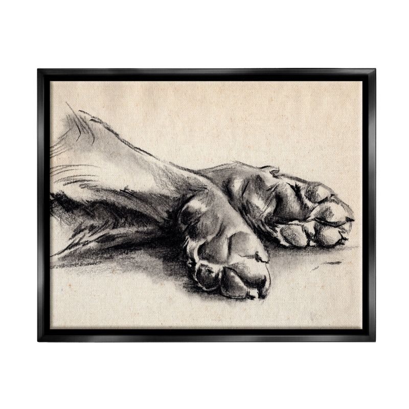 Stupell Industries Dog Paw Charcoal Design Minimal Tan Black Black Floater Framed Canvas Wall Art, 24 x 30