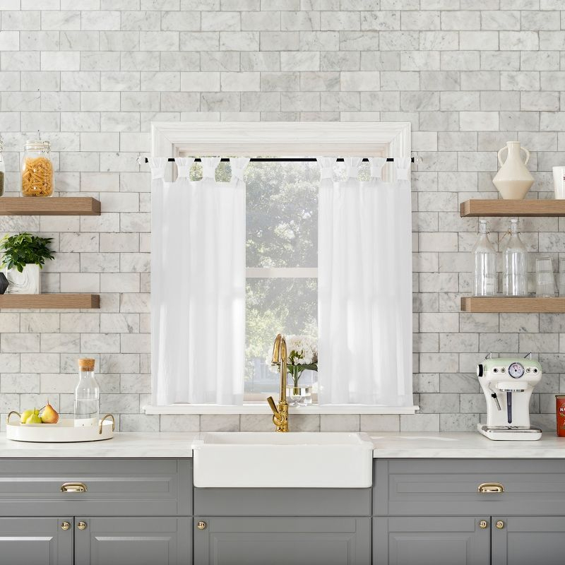 2pc 52"x36" Archaeo Washed Cotton Twist Tab Cafe Curtain Tier Pair White: Kitchen Curtains, 36 Inch, Solid Pattern
