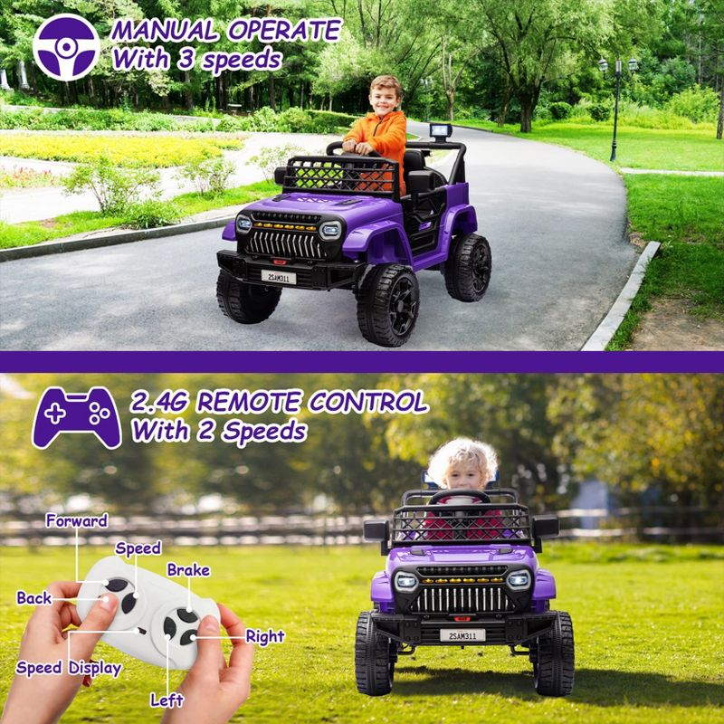 12V Ride On Car for Kids, Electric Vehicle Toddles, Battery Powered Truck Car Toy with RC, LED, Music, 4-Wheel Suspension, Purple