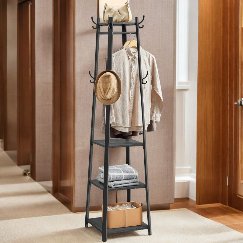 Industrial Style Coat Rack with Shelves and Hooks - Free-Standing Hall Tree for Entryway and Living Room
