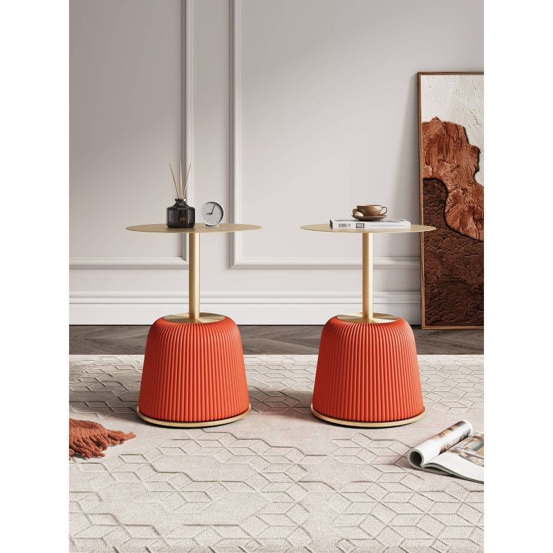 Manhattan Comfort Set of 2 Anderson Leatherette Upholstered End Tables with Gold Tabletop Orange: Round, No Assembly, Stainless Steel Frame