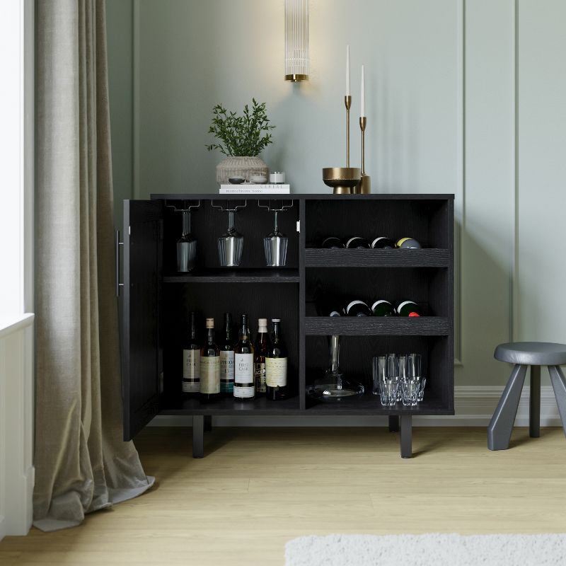 Flash Furniture Elmont Classic Bar and Sideboard with Shaker Style Single Door Cabinet with Hanging Glass Storage and Open Bottle Shelves, Black
