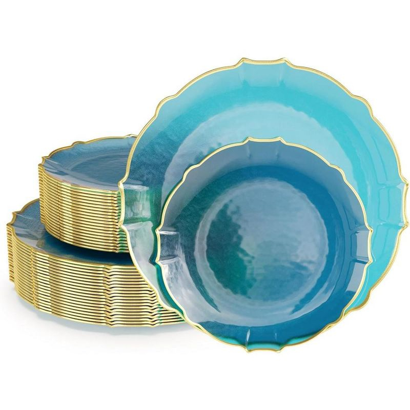 Trendables 40 Pieces Plastic Disposable Wedding Plates Set - 20 x 7.5" & 20 x 10" Thin & Delicate Peacock Tinted Petals Plates with Gold Rim-Serves 40
