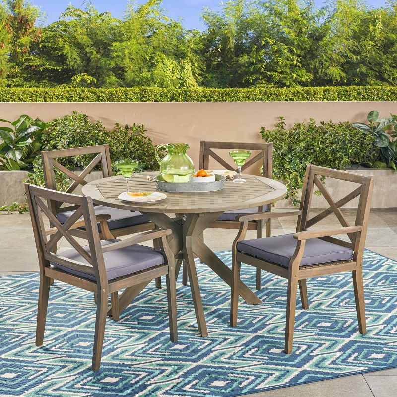 Christopher Knight Home Llano Outdoor Acacia Wood 5 Piece Dining Set with Water Resistant Cushion, Dark Gray/Gray