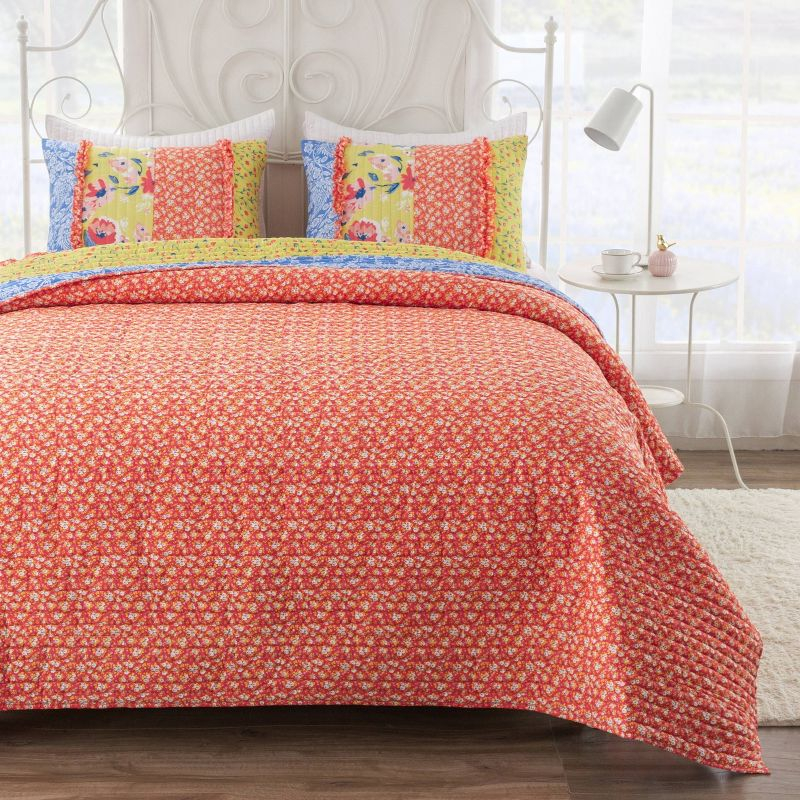 Greenland Home Fashions 2pc Twin Skylar Quilt Set Calico Red/Yellow/Blue: Microfiber Bedding with Pillow Sham