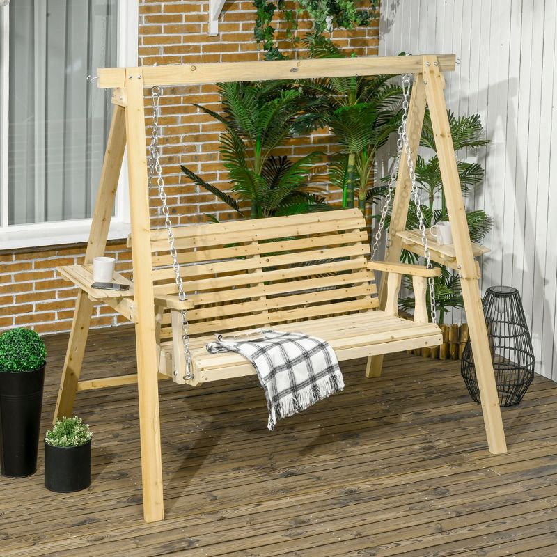 Outsunny 2-Seat Outdoor Swing Chair, Porch Swing with Stand and Side Tables, for Garden, Poolside, Backyard, Natural
