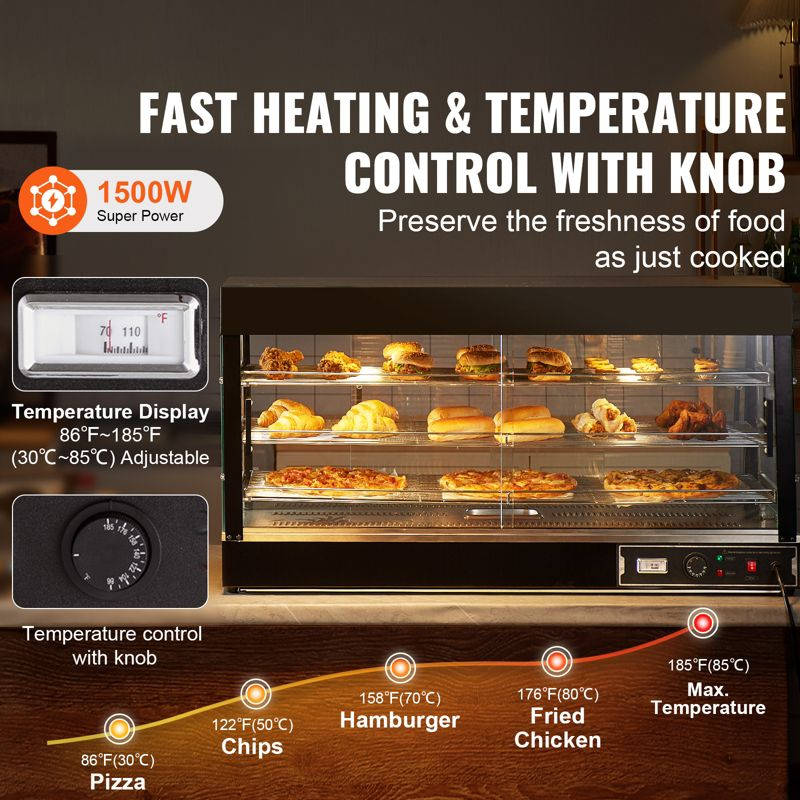 VEVOR 3-Tier Commercial Food Warmer Display, 1500W Food Display Warmer with Light, Adjustable Shelf and Temperature Display, Steam Heating, 180L