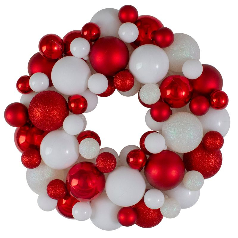 Northlight 3-Finish Shatterproof Ball Christmas Wreath - 13" - Red and White - Unlit