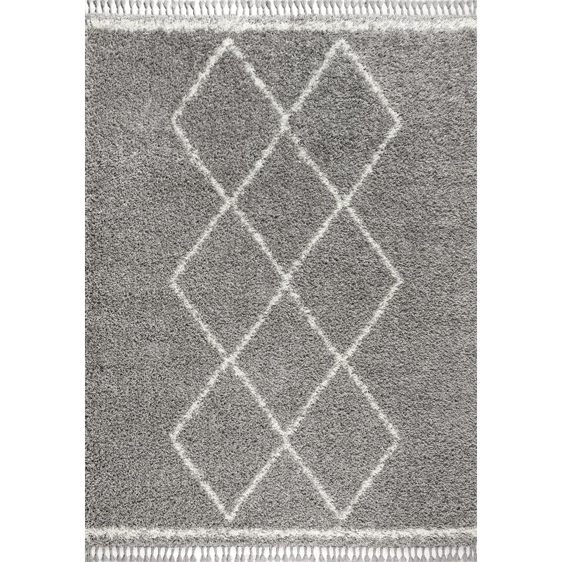 4'x6' Mercer Shag Plush Tassel Moroccan Geometric Trellis Area Rug, Grey/Cream - JONATHAN Y