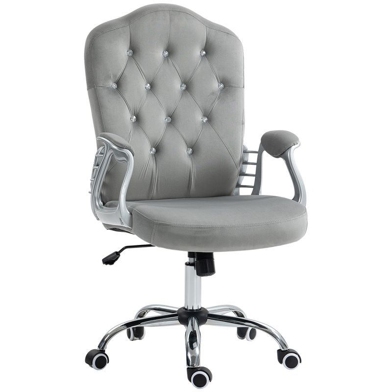 Vinsetto Home Office Chair, Velvet Computer Chair, Button Tufted Desk Chair with Swivel Wheels, Adjustable Height, and Tilt Function, Light Gray