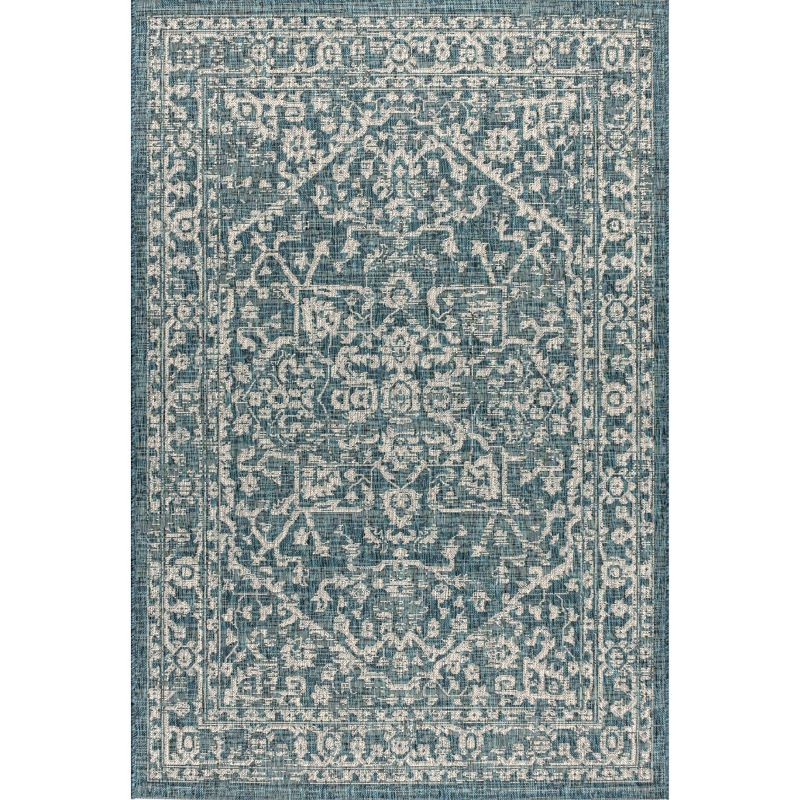 4'x6' Malta Bohemian Medallion Textured Weave Indoor/Outdoor Area Rug, Teal/Gray - JONATHAN Y