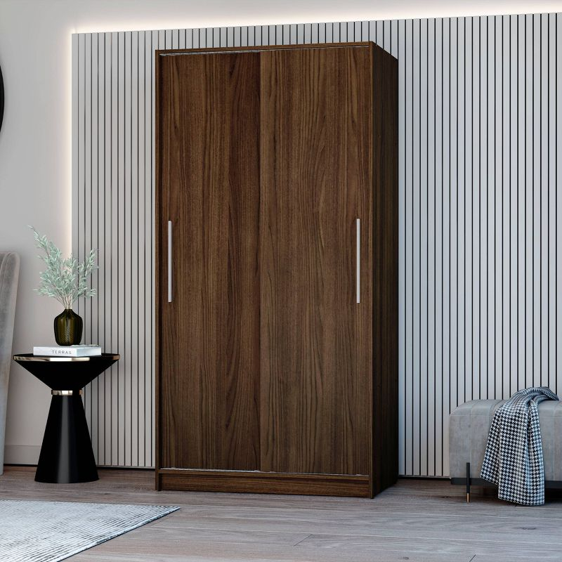 Denmark 2 Sliding Doors Clothing Armoire Dark Brown -Polifurniture: Modern Storage Wardrobe with Fixed Shelves, Aluminum Hardware