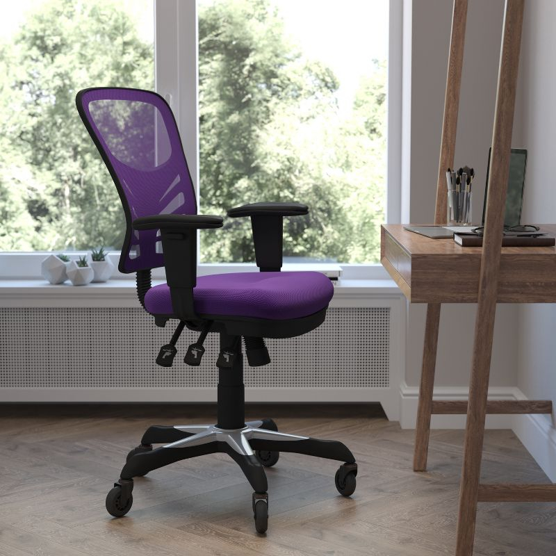 Flash Furniture Nicholas Mid-Back Purple Mesh Multifunction Executive Swivel Ergonomic Office Chair with Adjustable Arms and Transparent Roller Wheels