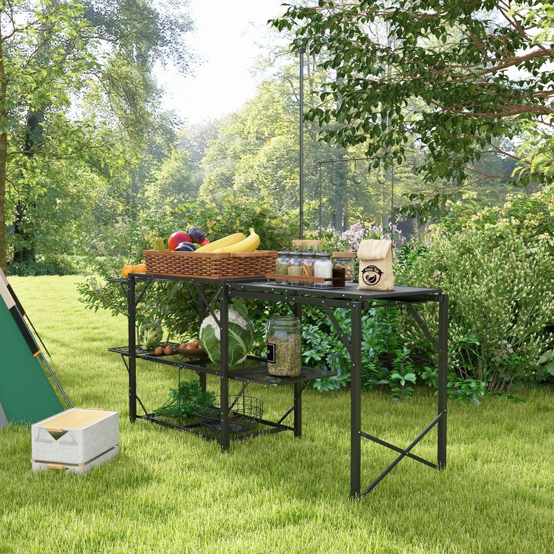 Outsunny Folding Camp Kitchen, Camping Table Cooking Station with Adjustable Lamp Stand