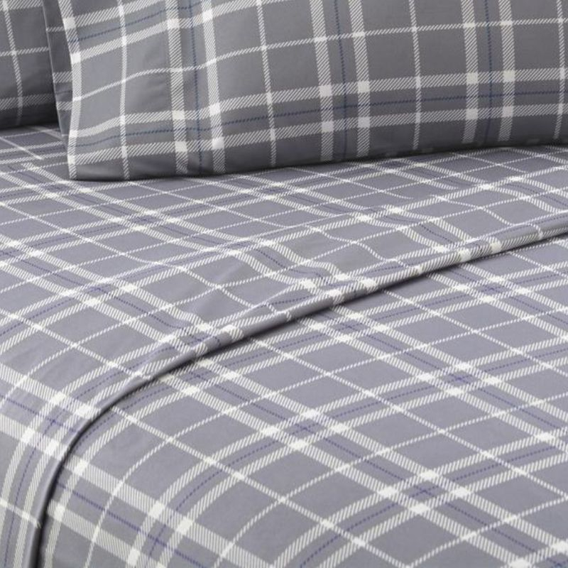 Micro Flannel Shavel Durable & High Quality Luxurious Printed Sheet Set Including Flat Sheet, Fitted Sheet & Pillowcase, Twin - Carlton Plaid Gray
