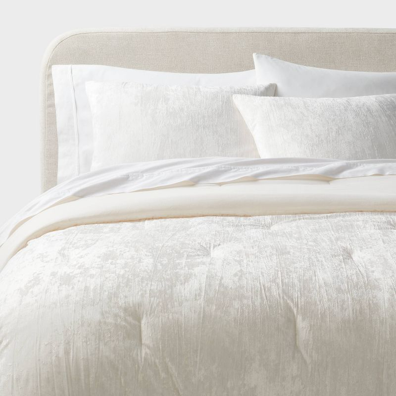 3pc Full/Queen Luxe Distressed Crinkle Velvet Comforter and Sham Set Ivory - Threshold™: OEKO-TEX Certified