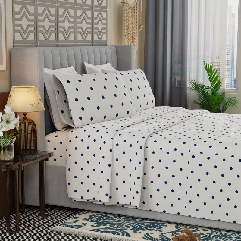 Color Sense Percale Weave Cool & Crisp Cotton Rich Sheet Set, Queen, Polka Dot Navy, 4 piece