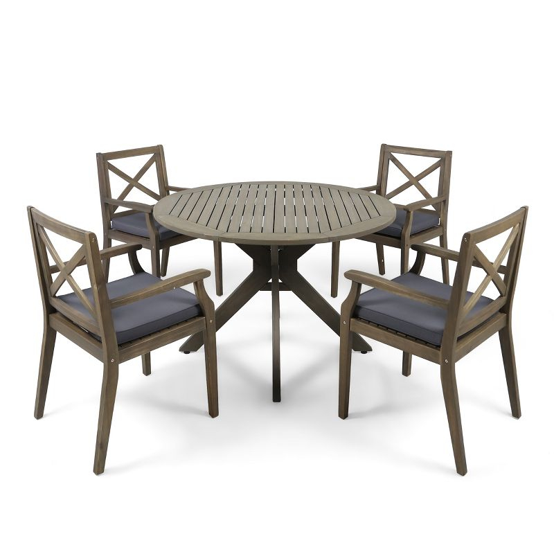 Christopher Knight Home Llano Outdoor Acacia Wood 5 Piece Dining Set with Water Resistant Cushion, Dark Gray/Gray