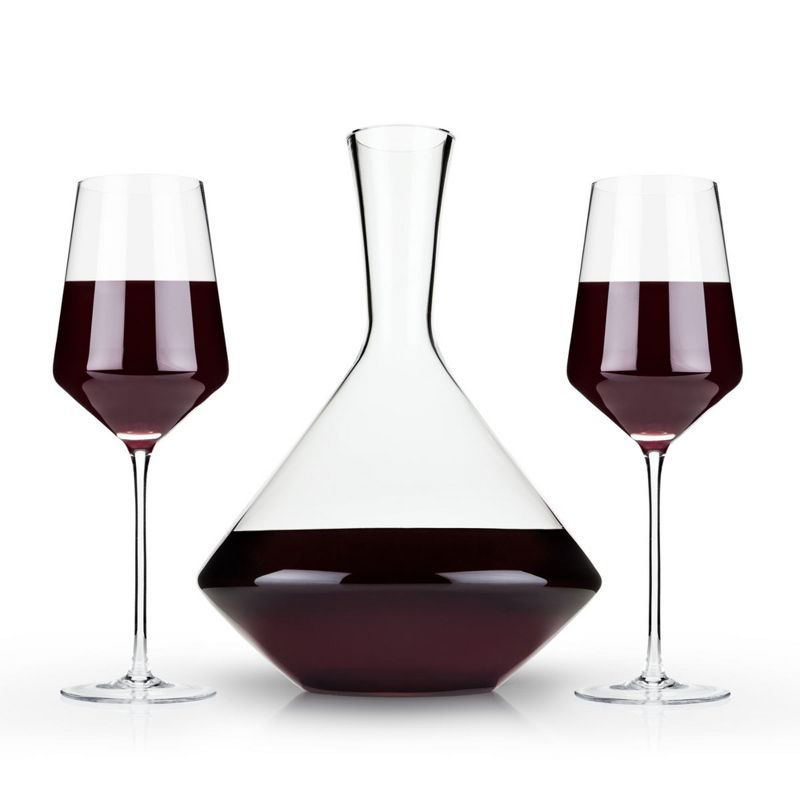 Viski Raye Bordeaux Wine Glasses & Decanter Set - Premium Crystal Clear Glass, Modern, Stemmed, Flat Bottom, Red Wine Gift - Set of 3