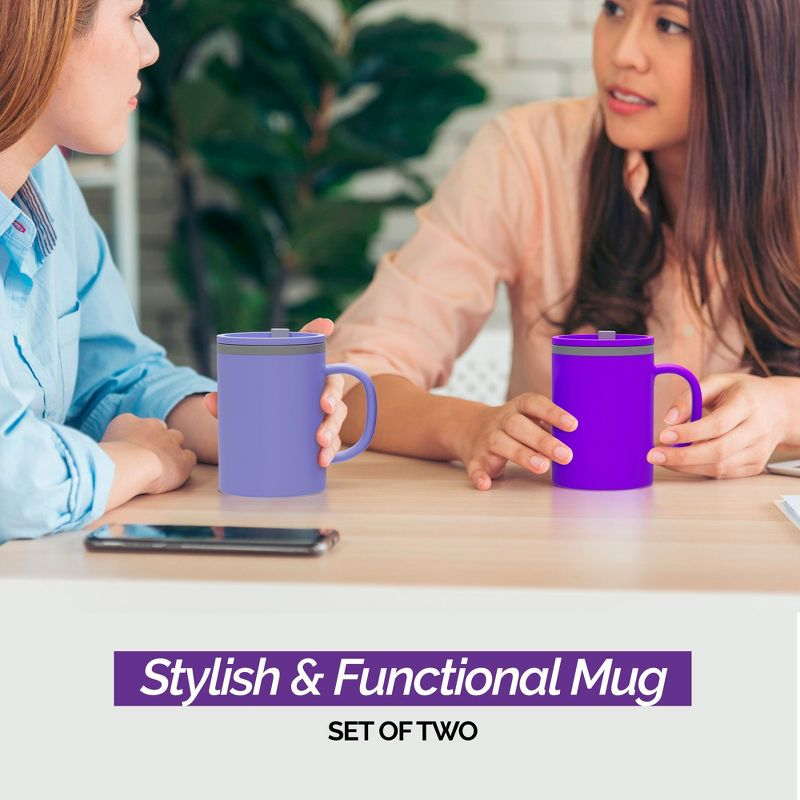 Copco Iconic 16oz Double Wall Insulated Desk Mug with Lid & Handle, Set of 2, BPA-Free Reusable Plastic, Spill-Proof, Wide Mouth (Purple/Light Purple)
