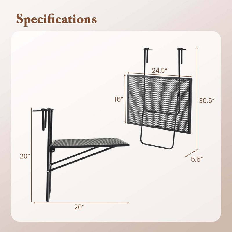 Balcony Railing Table with Adjustable Hooks Hanging Folding Deck Table Plant Stand