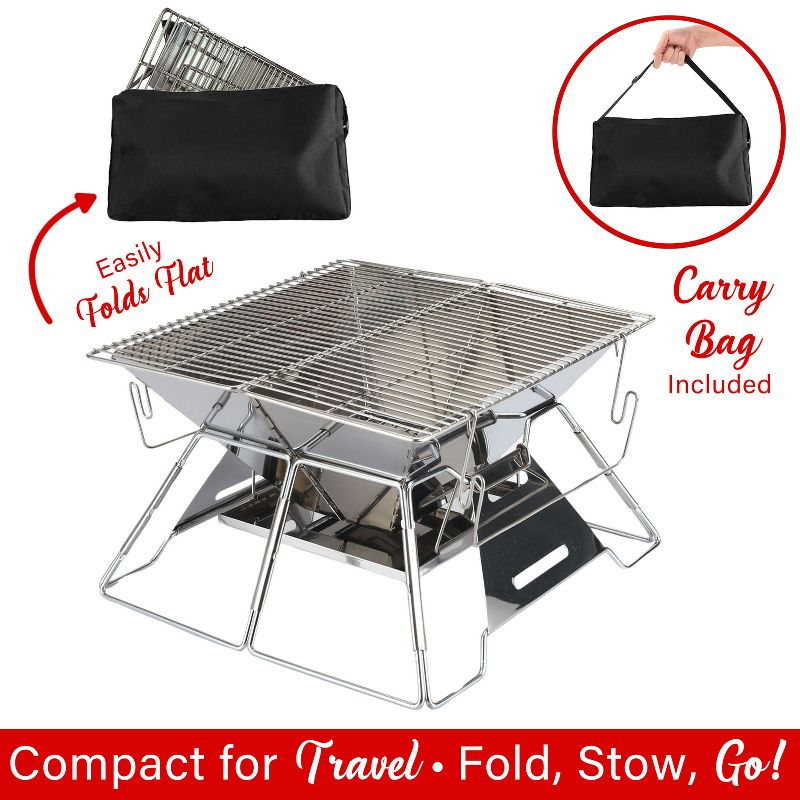 Brentwood 14-In. x 14-In. Stainless Steel Portable Folding Charcoal BBQ Grill and Outdoor Fire Pit with Carry Bag, BB-4X14SS in Silver