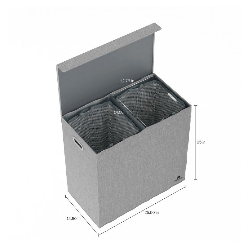 Hastings Home Collapsible Double Laundry Hamper / 2-Section Clothing Sorter With Removable Lid and Mesh Liner Bags - 25.5" x 14.5", Gray