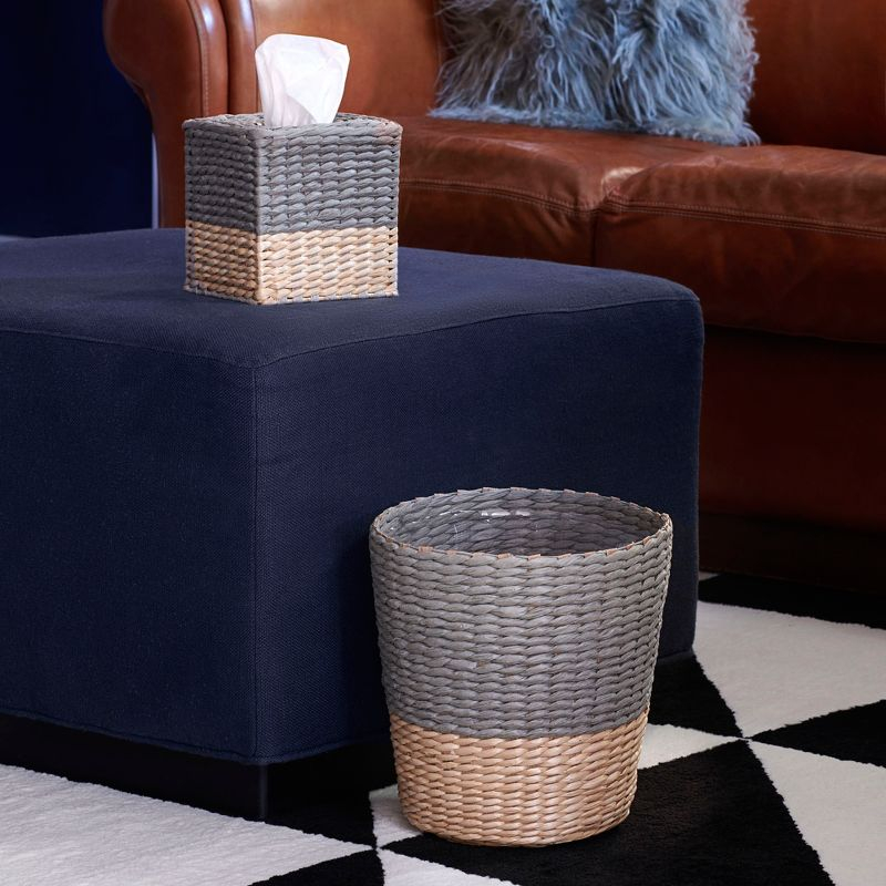 3-Piece Set Wicker Bathroom Accessories, Features Toilet Tissue Stand, Wastebasket and Tissue Box Cover, Wicker Material, Natural and Gray