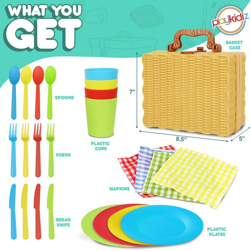 Playkidiz 25 Piece Kids Picnic Basket Toy Dishes