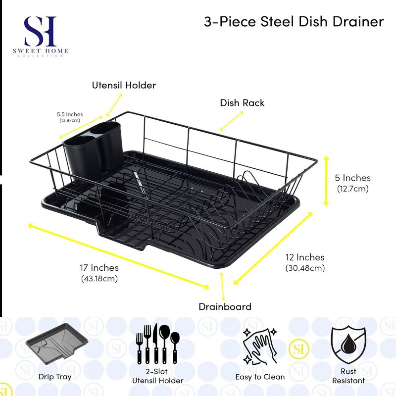 Steel 3-Piece Large Dish Drainer, Black