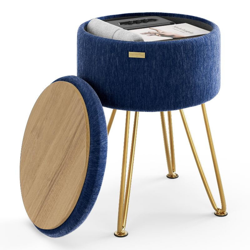StorageBud Round Ottoman with Storage, Textured Velvet Storage Ottoman, Modern Foot Stool for Living Room and Bedroom - Blue with Gold Legs