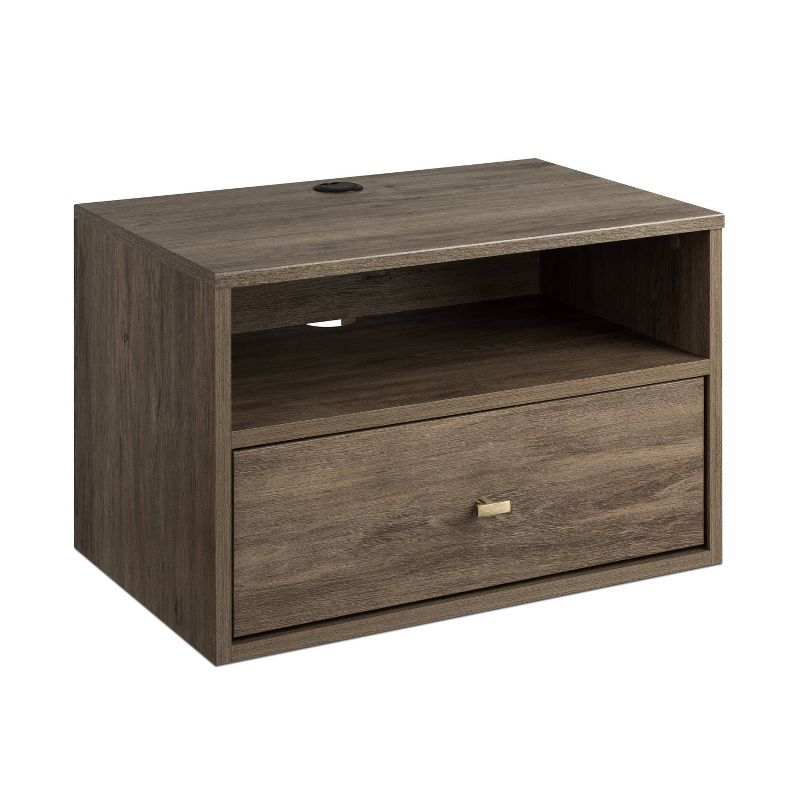 Floating 1 Drawer Nightstand with Open Shelf Drifted Gray - Prepac: Laminated, Cable Management, Metal Glides