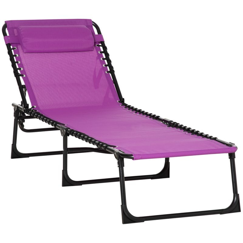 Folding Chaise Lounge Pool Chair with 4-Position Reclining Back, Pillow, Breathable Mesh & Bungee Seat, Purple