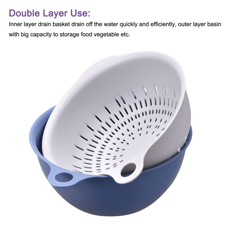 Unique Bargains Kitchen Strainer Colander Bowl Set Medium Double Layer Drain Basket Blue