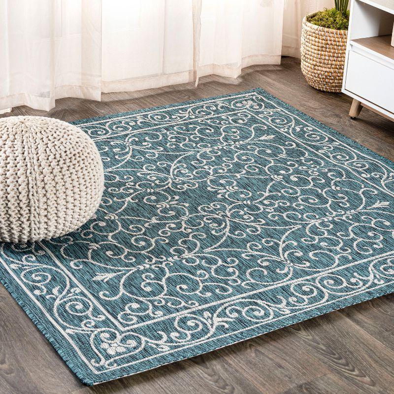 5' Square Charleston Vintage Filigree Textured Weave Indoor/Outdoor Area Rug, Teal/Gray - JONATHAN Y