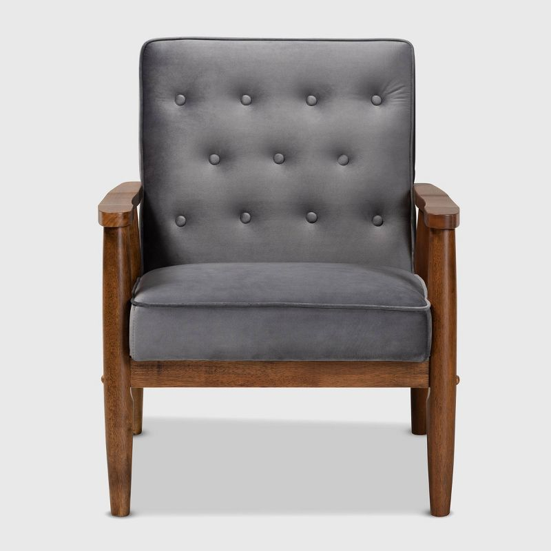 Baxton Studio Sorrento Velvet Upholstered Wooden Lounge Chair Gray/Brown: Mid-Century Modern Accent, Polyester Fabric